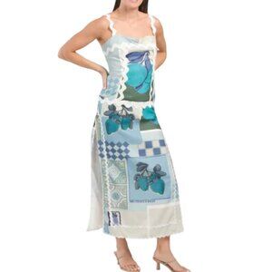 DALIA MACPHEE BLUE MULTI Ribbon Trim Tile Print Tuscany Maxi Dress